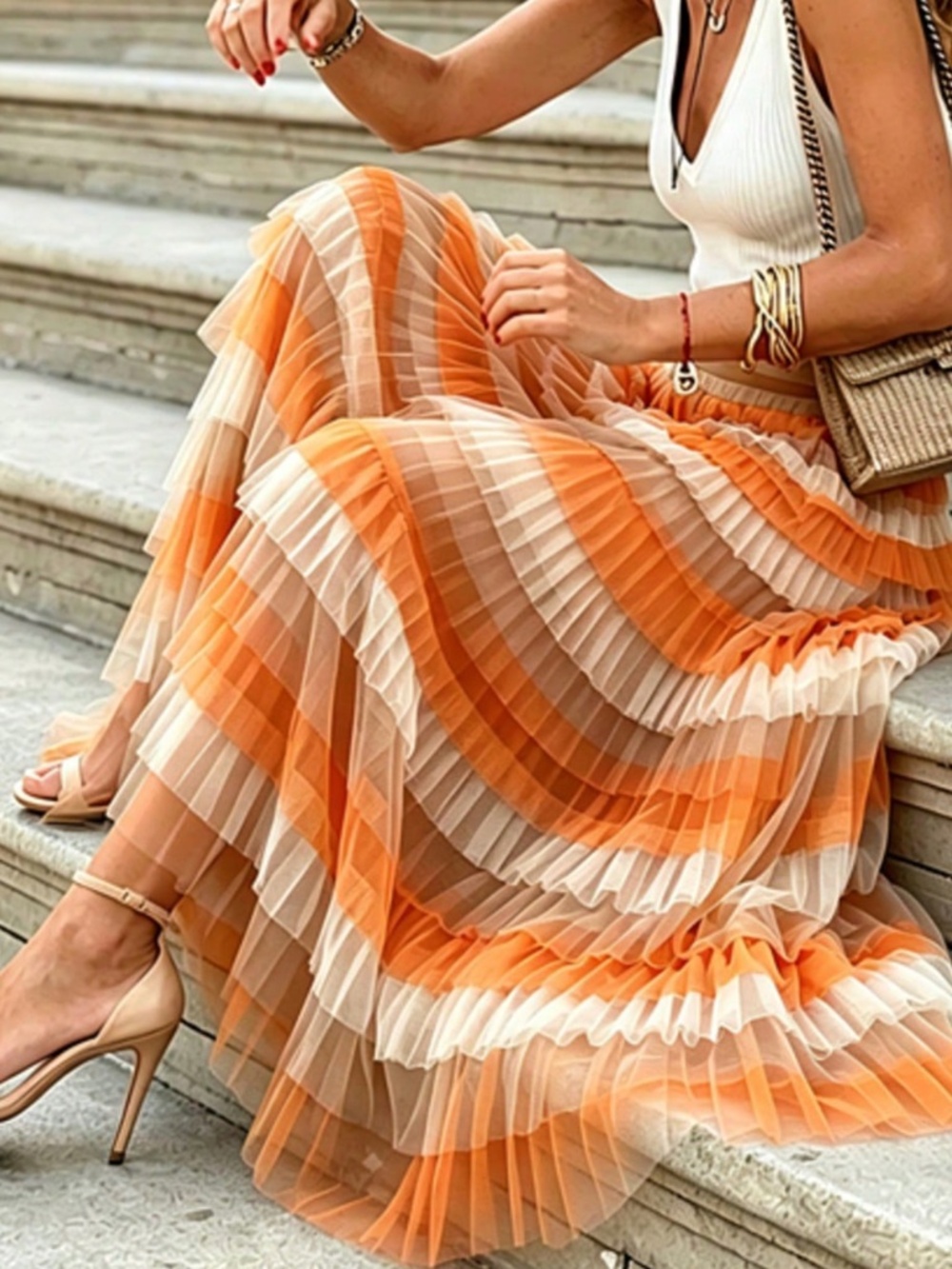 Classic Solid Stretchy Waist Pleated Tiered Mesh Maxi Skirt
